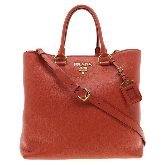 Prada Large Tote Shoulder Bag Vitello Phenix Red Leather New - Picture 1 of 7